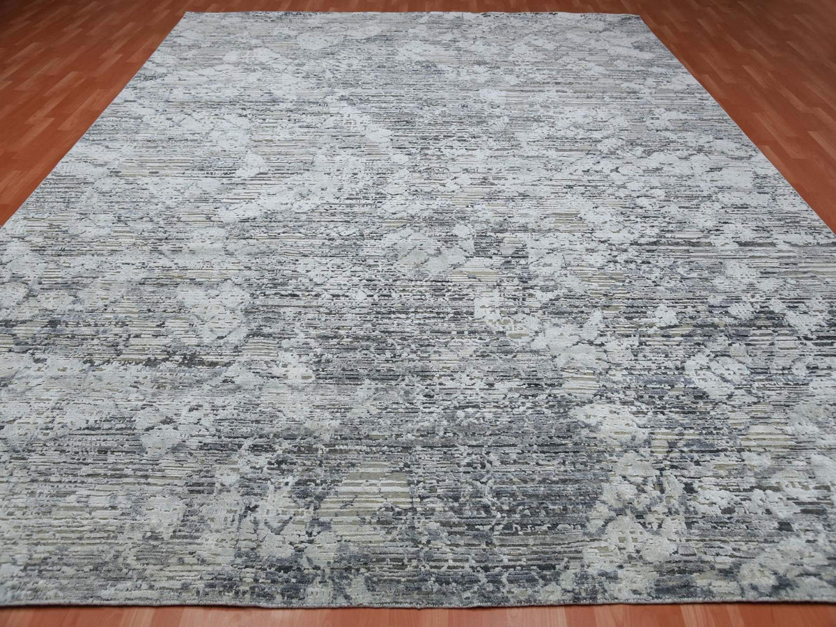 Modern / Contemporary hand-knotted wool/silk rug in Gray, 11'9" x 15'3" — SKU O075013 (view 2)
