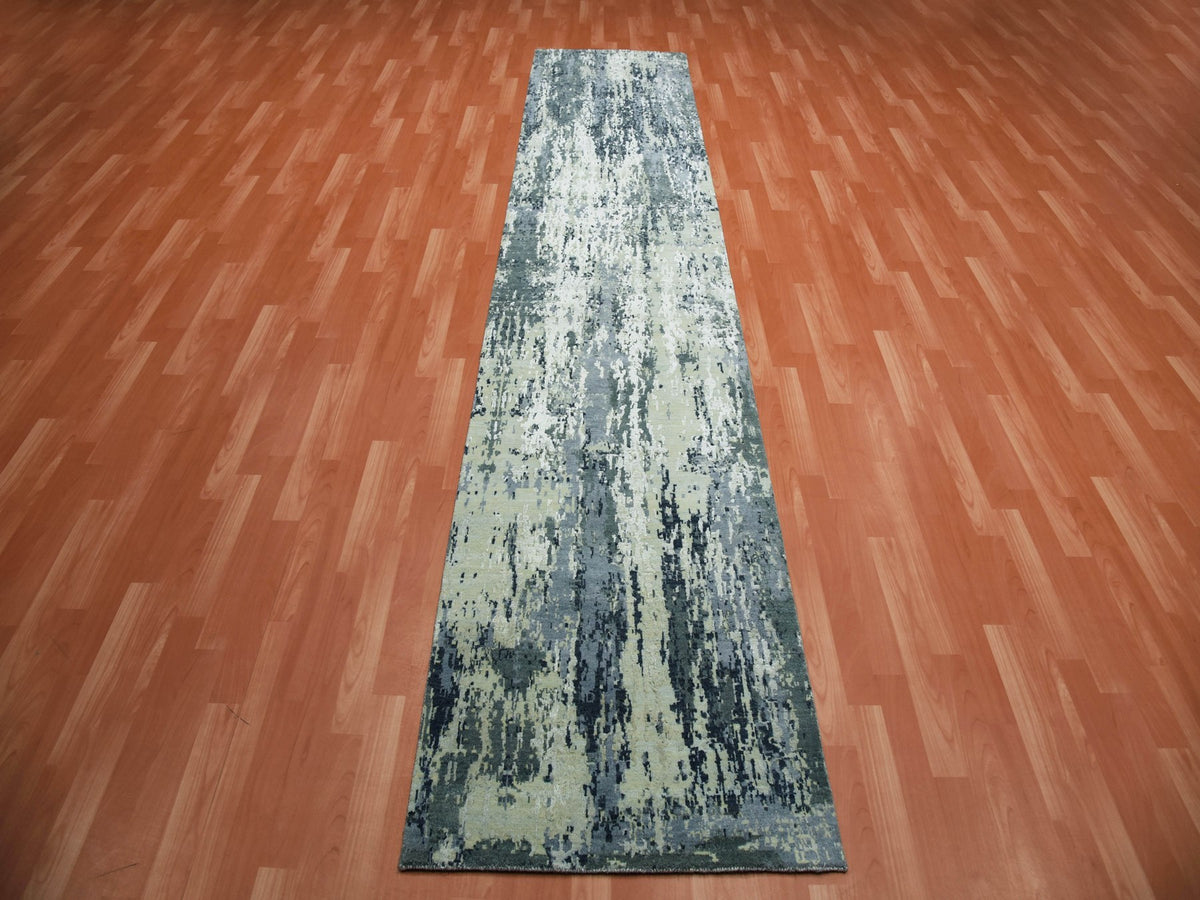 Modern / Contemporary hand-knotted wool/silk runner in Gray, 2'8" x 12'2" — SKU O075075 (view 2)