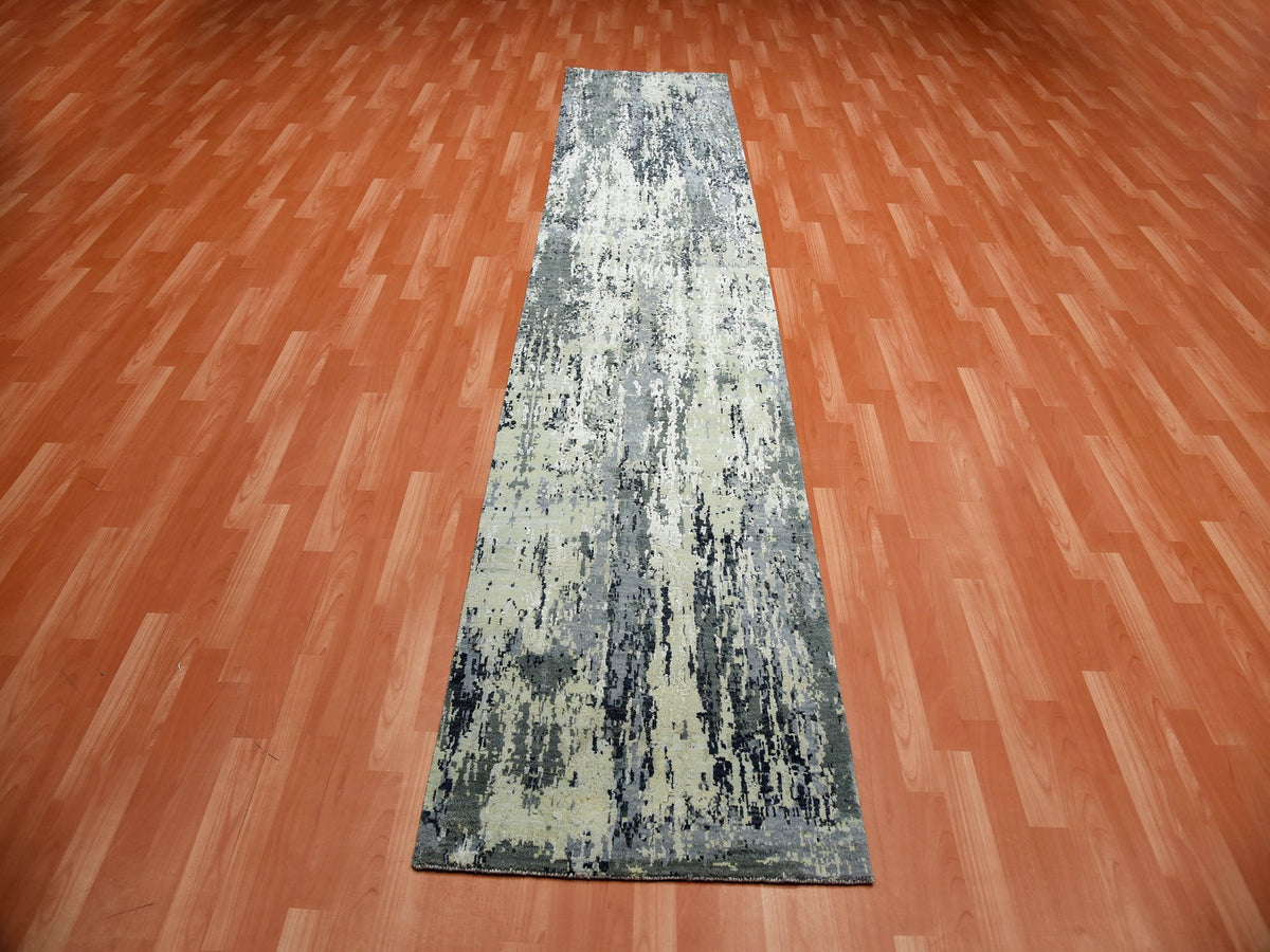 Modern / Contemporary hand-knotted wool/silk runner in Gray, 2'7" x 12'2" — SKU O075076 (view 2)