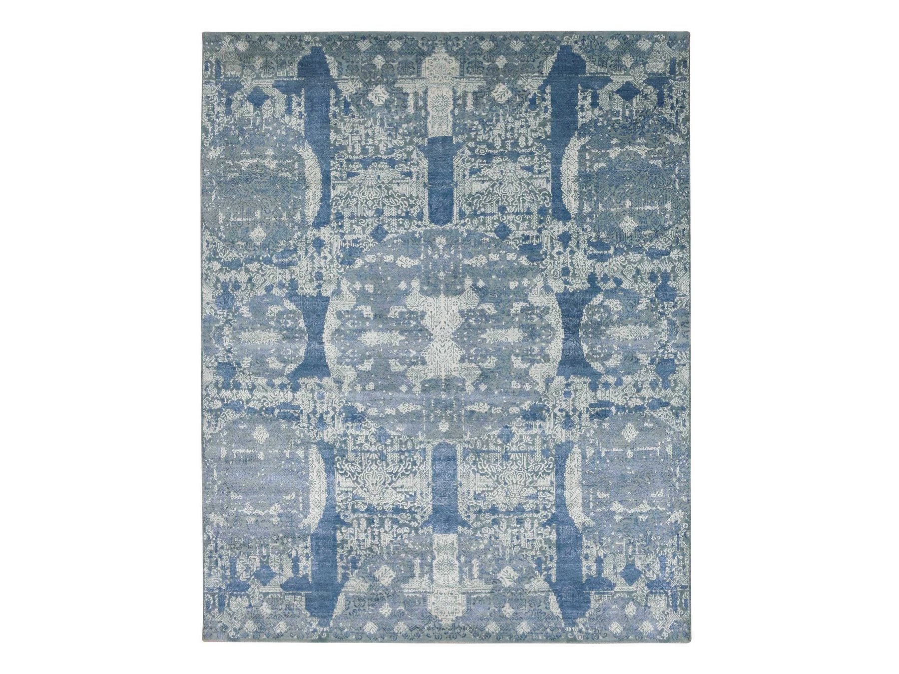 Transitional hand-knotted wool/pure silk rug in Blue, 7'10" x 10' — SKU O075092