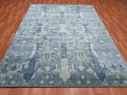 Blue 7'10" x 10'0" Transitional Hand knotted Wool/Silk Rug - Sku: O075092