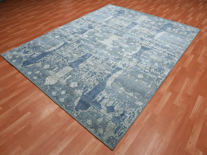 Blue 7'10" x 10'0" Transitional Hand knotted Wool/Silk Rug - Sku: O075092