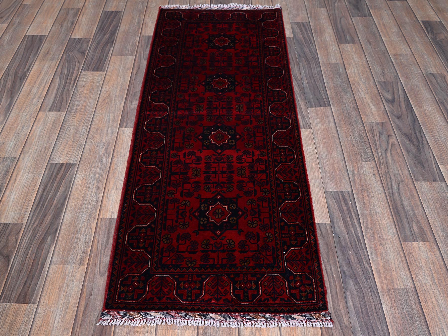 Tribal & Geometric hand-knotted wool runner in Red, 1'10" x 4'10" — SKU O0750 (view 2)