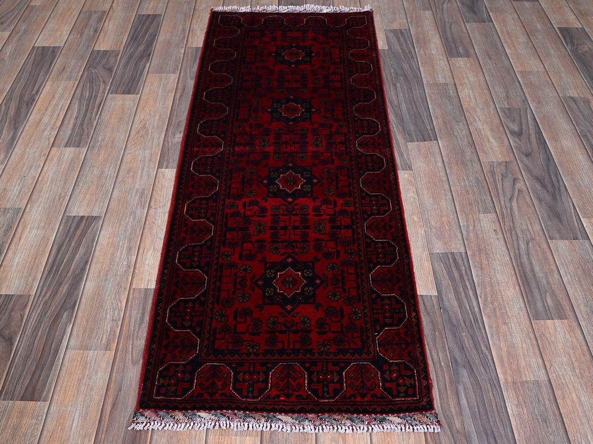 Tribal & Geometric hand-knotted wool runner in Red, 1'10" x 4'10" — SKU O0750 (view 2)