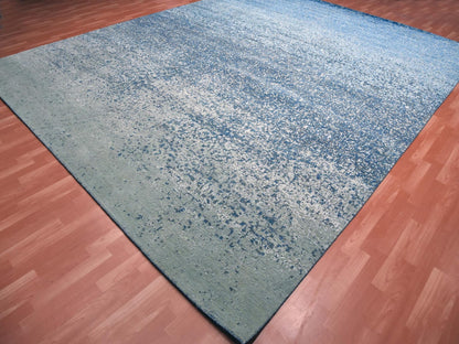 Blue 12'0" x 15'0" Modern and Contemporary Hand knotted Wool/Silk Rug - Sku: O075101