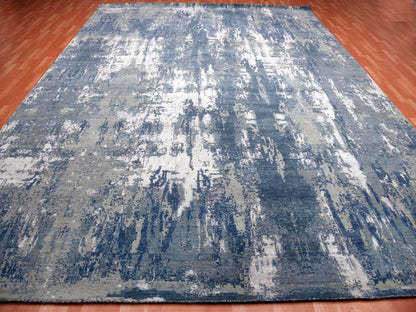 Blue 12'2" x 15'1" Modern and Contemporary Hand knotted Wool/Silk Rug - Sku: O075102