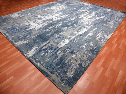 Blue 12'2" x 15'1" Modern and Contemporary Hand knotted Wool/Silk Rug - Sku: O075102