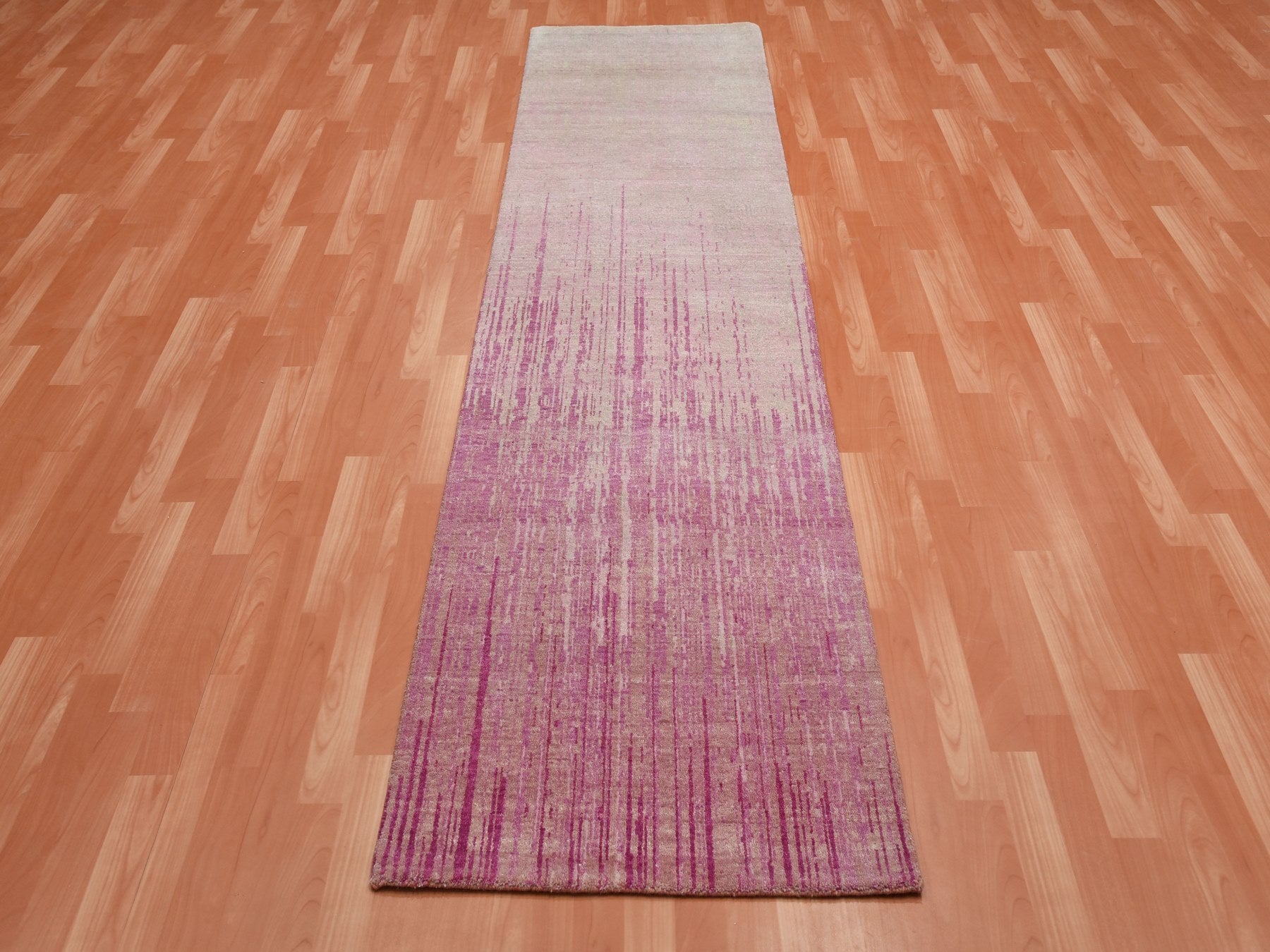 Pink 2'6" x 10'1" Modern / Contemporary Hand knotted Wool Rug - Sku: O075110