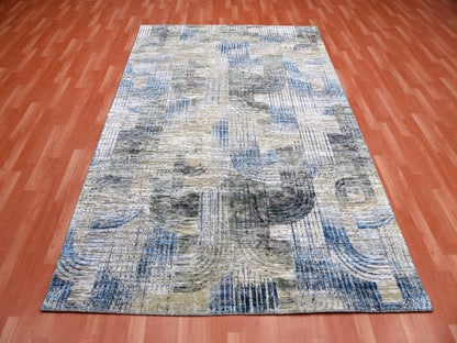 Blue 6'0" x 9'0" Modern and Contemporary Hand knotted Wool/Silk Rug - Sku: O075128