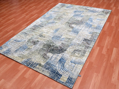 Blue 6'0" x 9'0" Modern and Contemporary Hand knotted Wool/Silk Rug - Sku: O075128