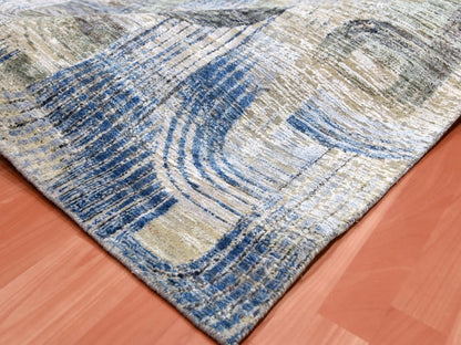 Blue 6'0" x 9'0" Modern and Contemporary Hand knotted Wool/Silk Rug - Sku: O075128