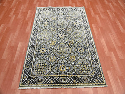 Brown 4'0" x 6'2" Transitional Hand knotted Wool/Silk Rug - Sku: O075133