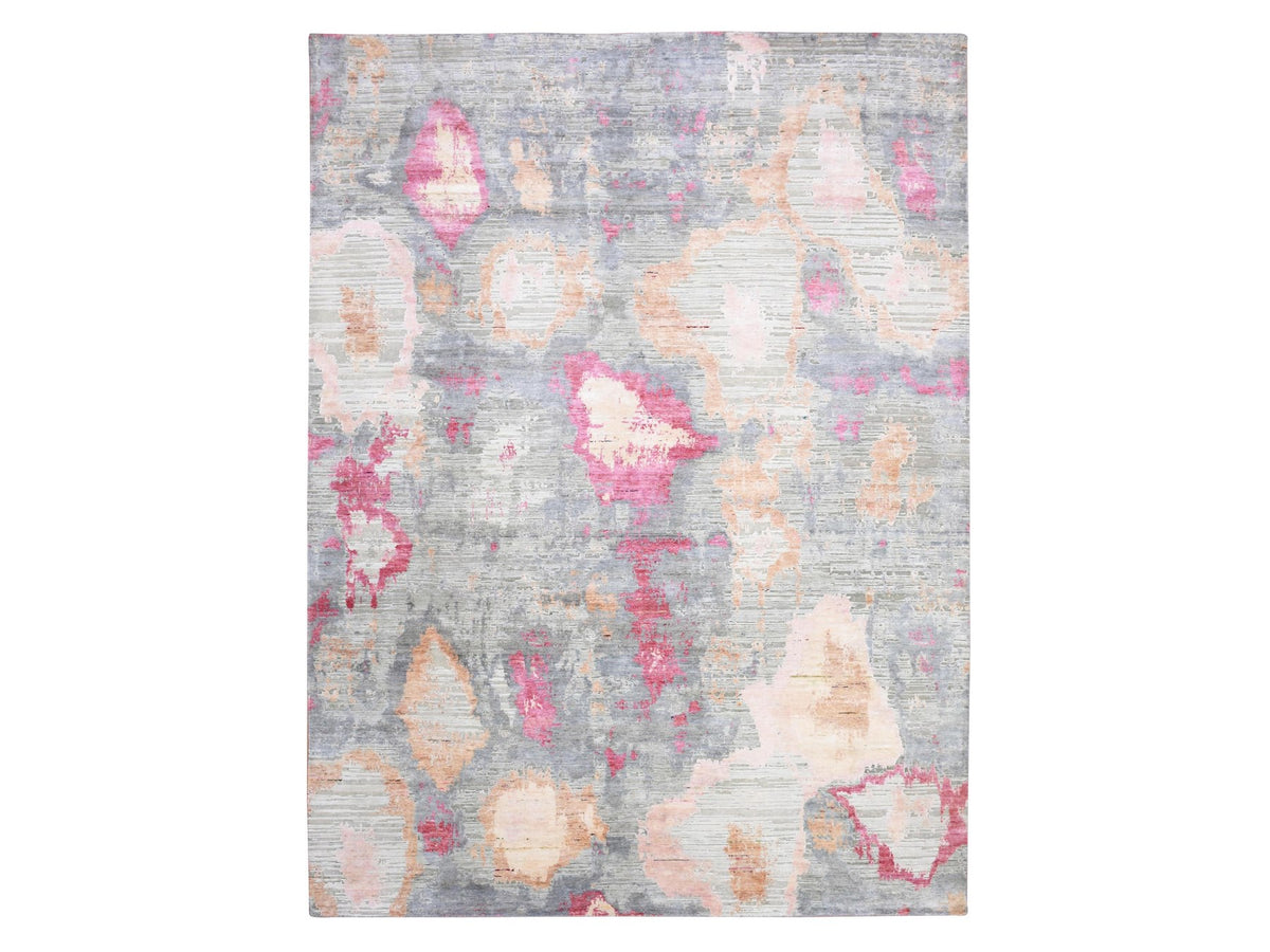 Modern / Contemporary hand-knotted wool/silk rug in Pink, 9' x 12'1" — SKU O075176