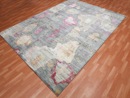 Modern / Contemporary hand-knotted wool/silk rug in Pink, 9' x 12'1" — SKU O075176 (view 3)