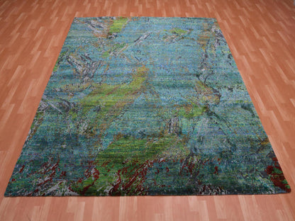 Green 8'0" x 9'10" Modern / Contemporary Hand knotted Wool/Silk Rug - Sku: O075177