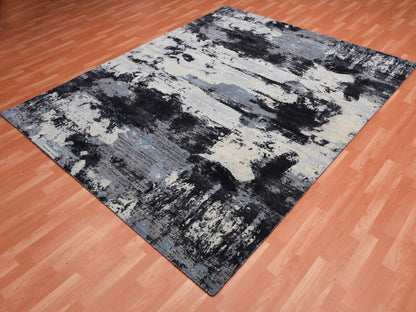 Black 7'10" x 9'10" Modern and Contemporary Hand knotted Wool Rug - Sku: O075178