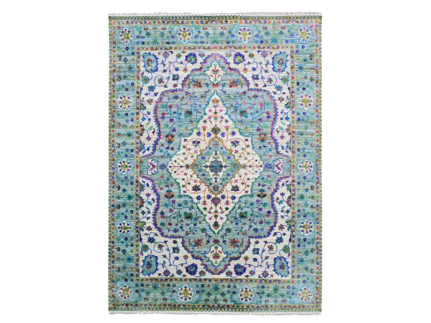 Fine Oriental hand-knotted silk rug in Gray, 8'8" x 12' — SKU O075233