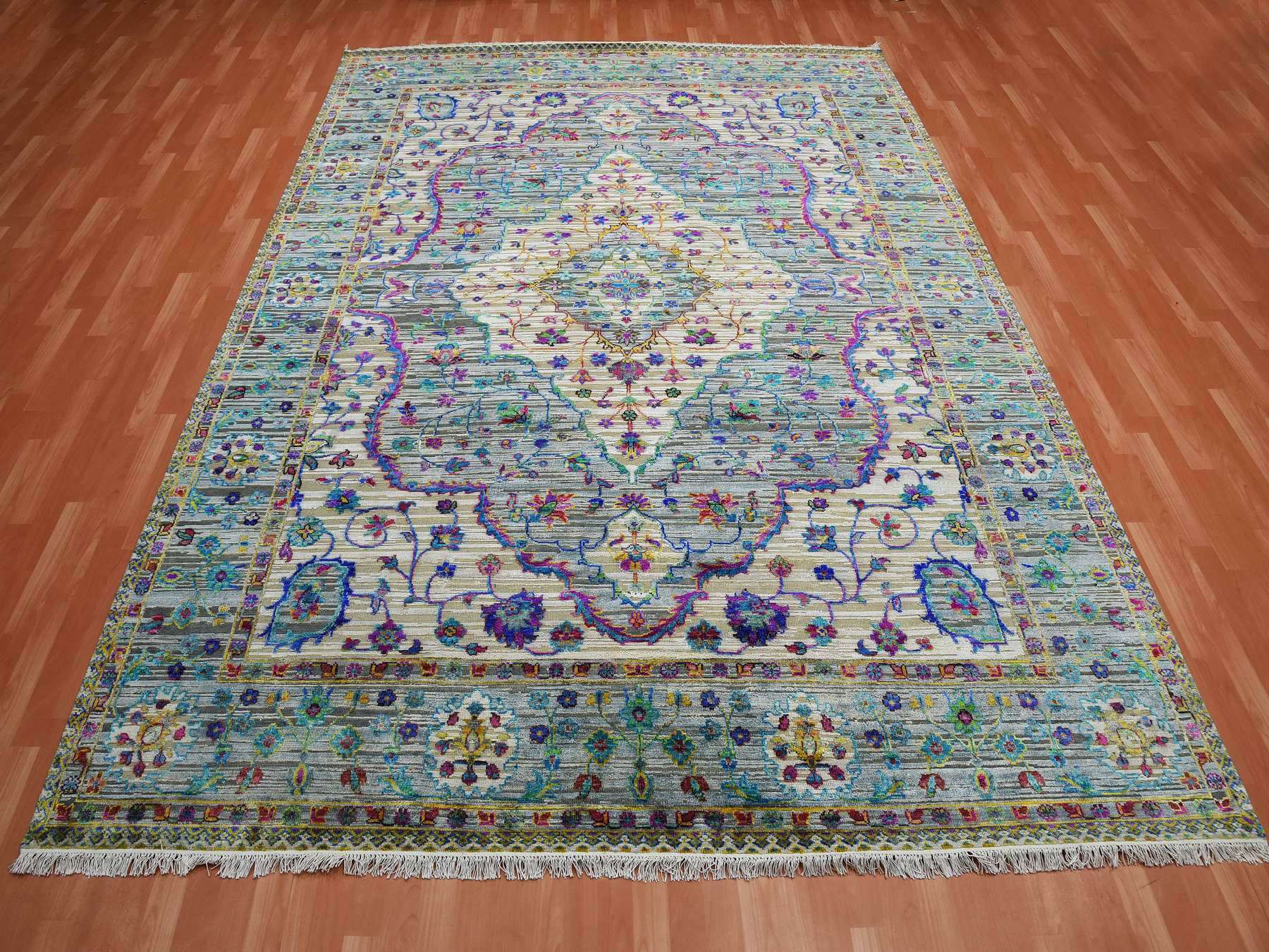 Fine Oriental hand-knotted silk rug in Gray, 8'8" x 12' — SKU O075233 (view 2)