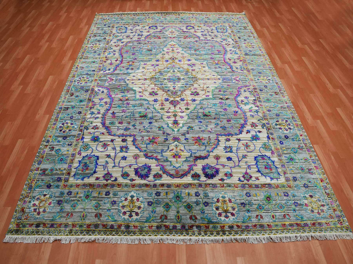 Fine Oriental hand-knotted silk rug in Gray, 8'8" x 12' — SKU O075233 (view 2)