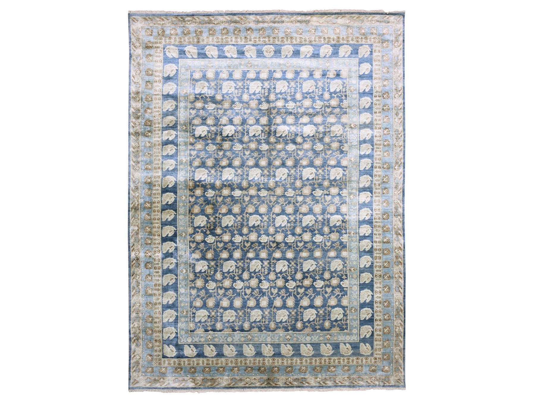 Khotan Khotan hand-knotted silk rug in Blue & Denim Blue, 8'9" x 12' — SKU O075242
