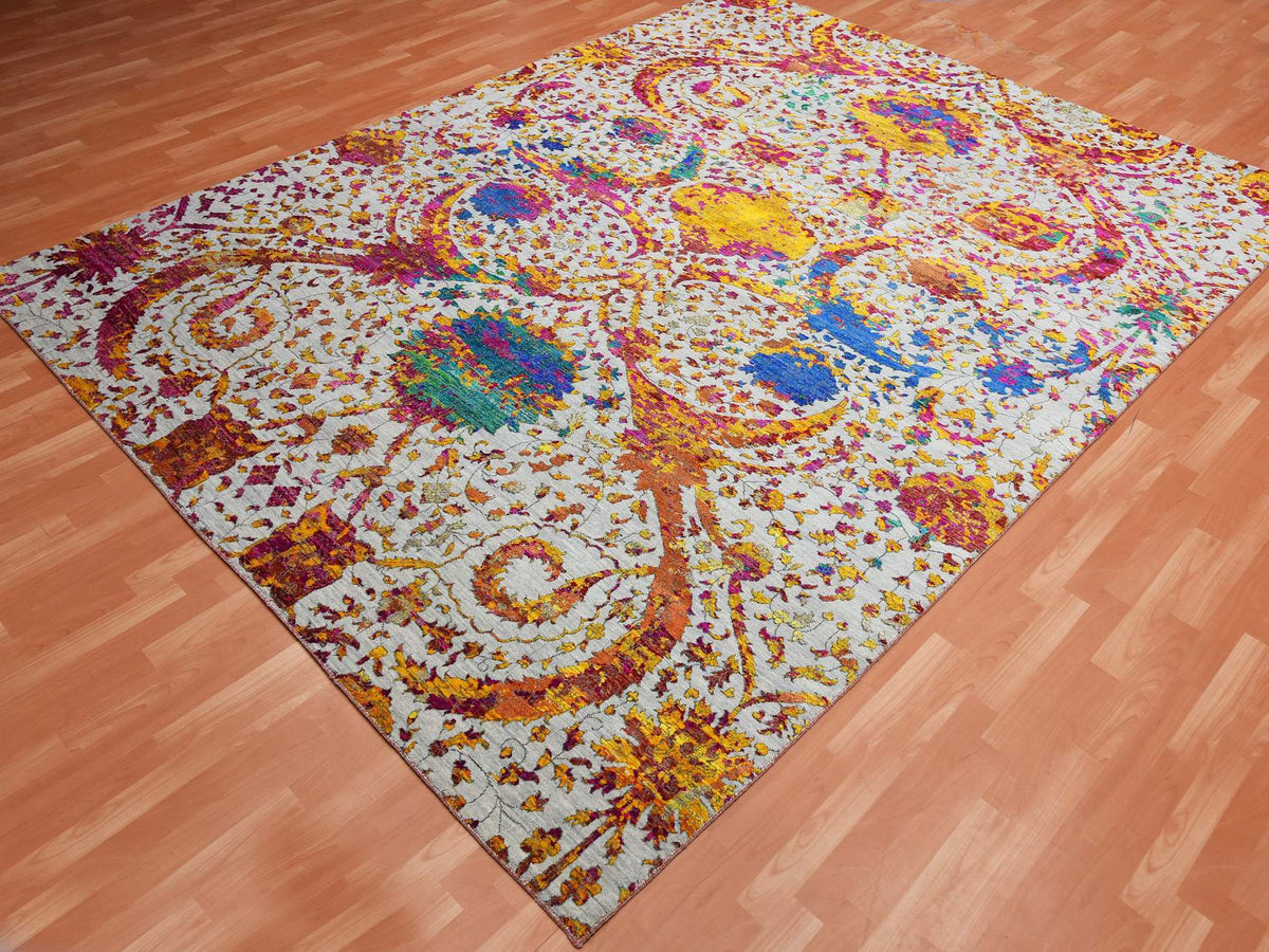 Transitional hand-knotted wool/silk rug in Yellow, 9' x 12' — SKU O075243 (view 3)