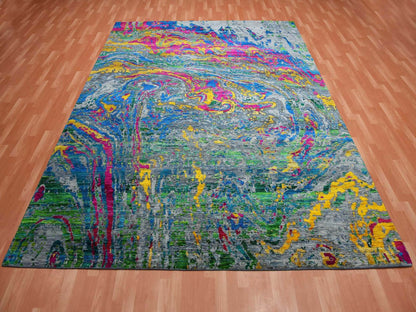 Modern / Contemporary hand-knotted wool/silk rug in Gray, 9' x 11'9" — SKU O075246 (view 2)