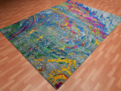 Modern / Contemporary hand-knotted wool/silk rug in Gray, 9' x 11'9" — SKU O075246 (view 3)