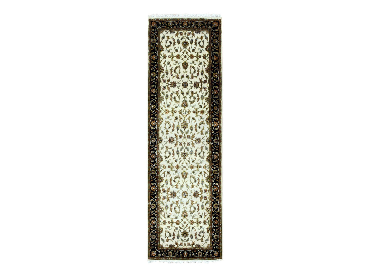 Rajasthan Rajasthan hand-knotted wool/silk runner in Ivory & Black, 2'6" x 8'2" — SKU O075278