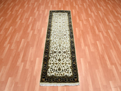 Rajasthan Rajasthan hand-knotted wool/silk runner in Ivory & Black, 2'6" x 8'2" — SKU O075278 (view 2)