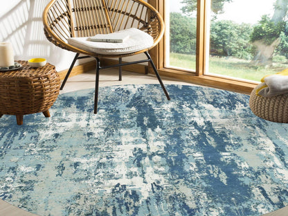 Blue 9'0" x 9'0" Modern and Contemporary Hand knotted Wool/Silk Rug - Sku: O075293