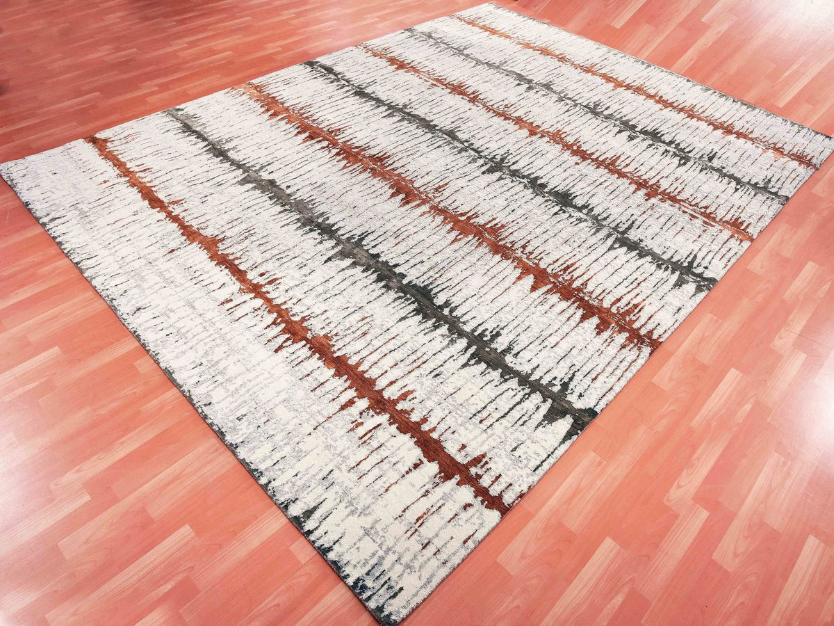 Modern / Contemporary hand-knotted wool/silk rug in Orange, 8'10" x 11'10" — SKU O075295 (view 3)