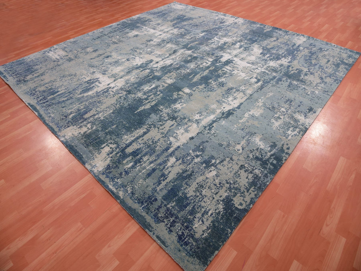 Modern / Contemporary hand-knotted wool/silk rug in Blue, 11'11" x 12'0", SKU O075333