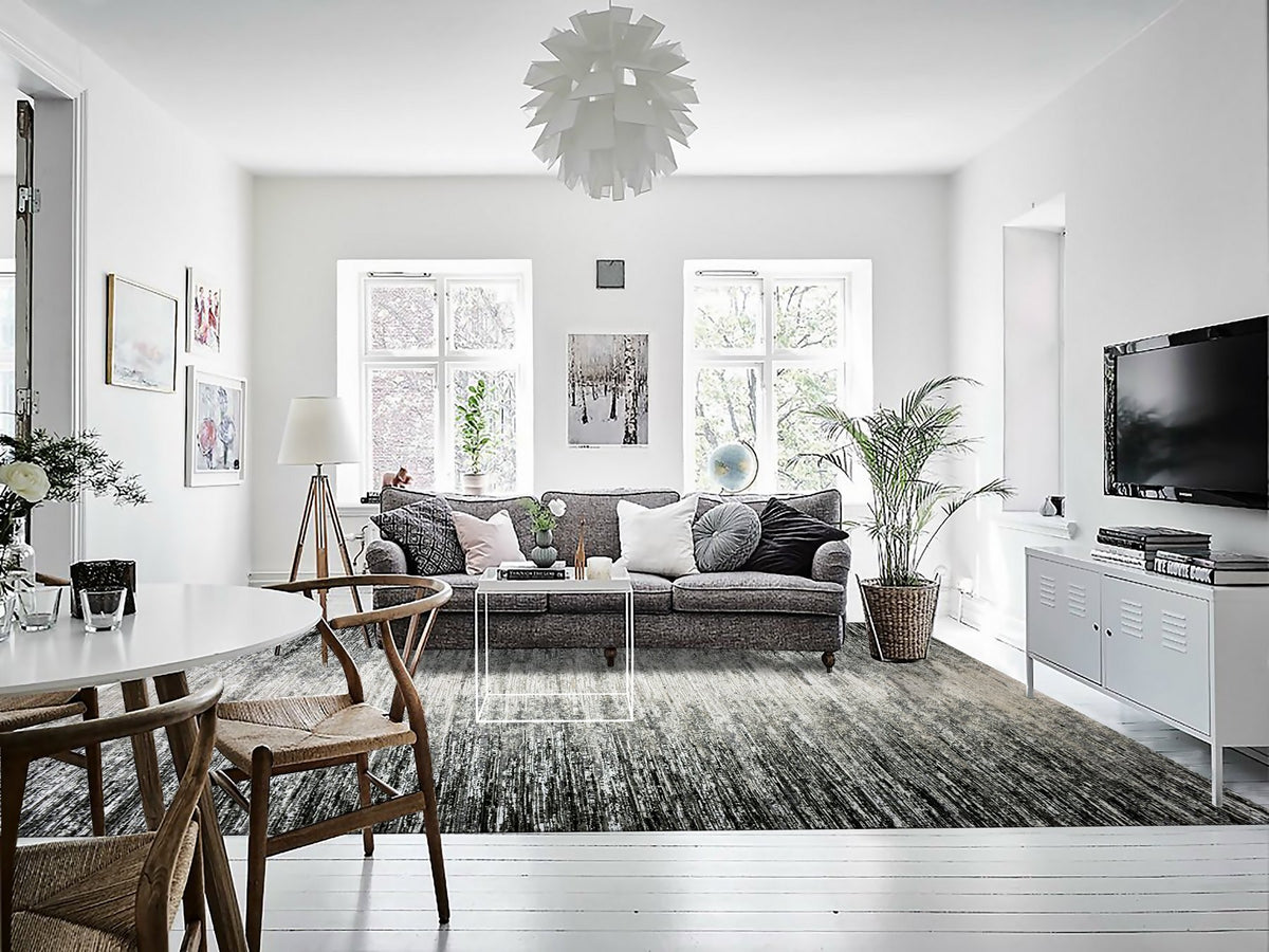 Modern / Contemporary hand-knotted wool/silk rug in Black, 9'10" x 14'0", SKU O075335