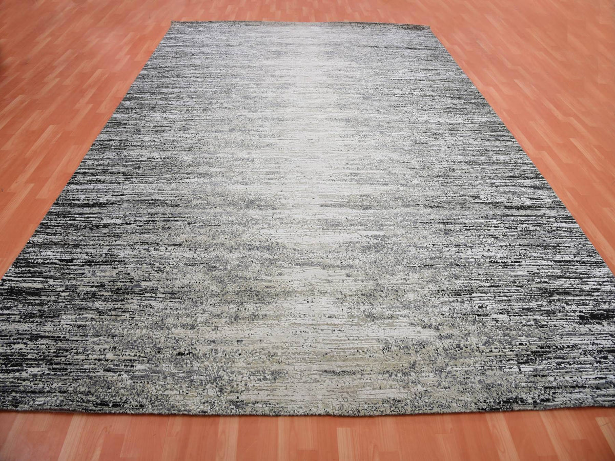 Modern / Contemporary hand-knotted wool/silk rug in Black, 9'10" x 14'0", SKU O075335