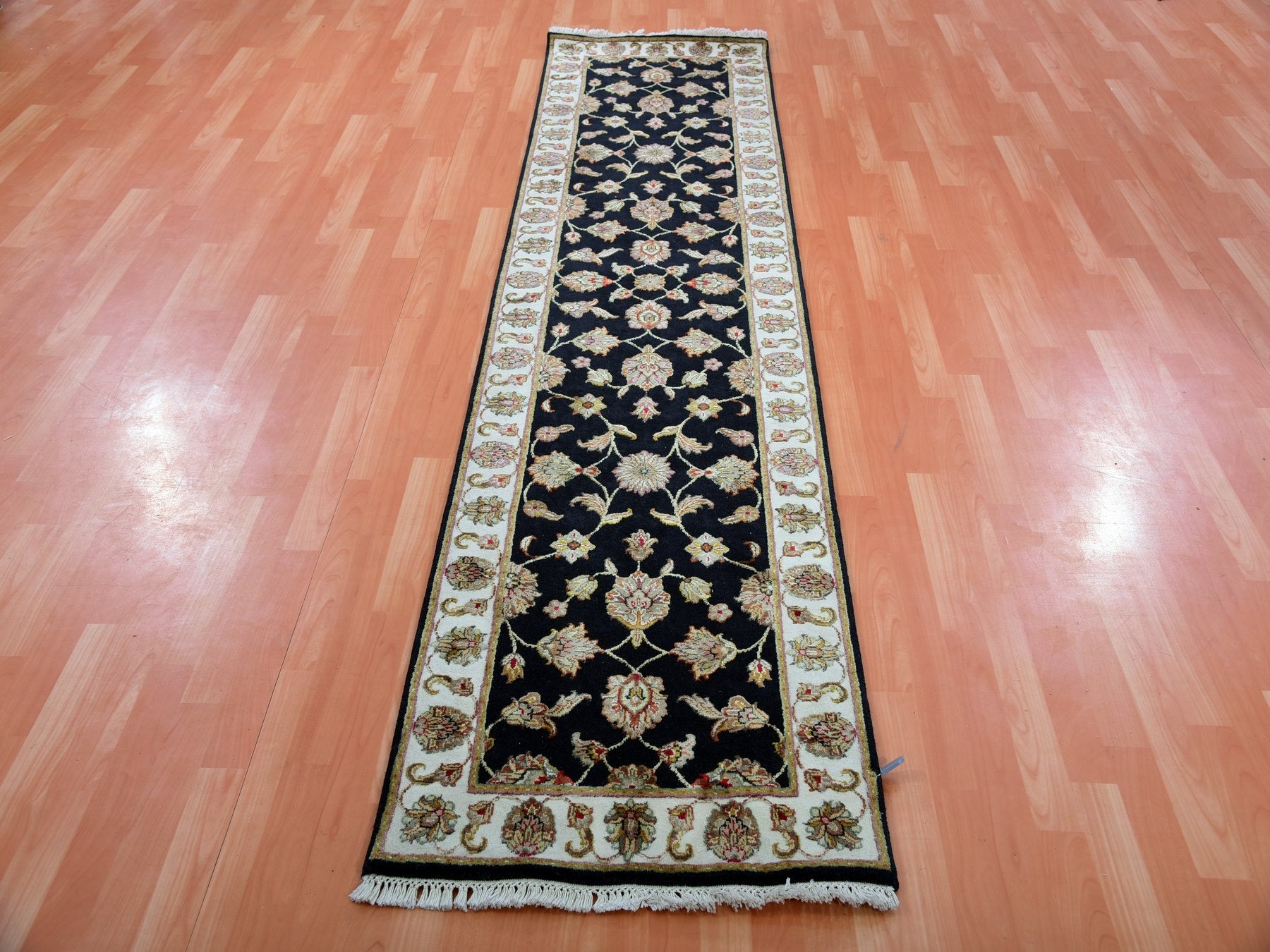 Rajasthan Traditional hand-knotted wool/silk runner in Black, 2'6" x 10'0", SKU O075383