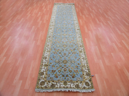 Rajasthan Traditional hand-knotted wool/silk runner in Blue, 3'0" x 12'2", SKU O075396