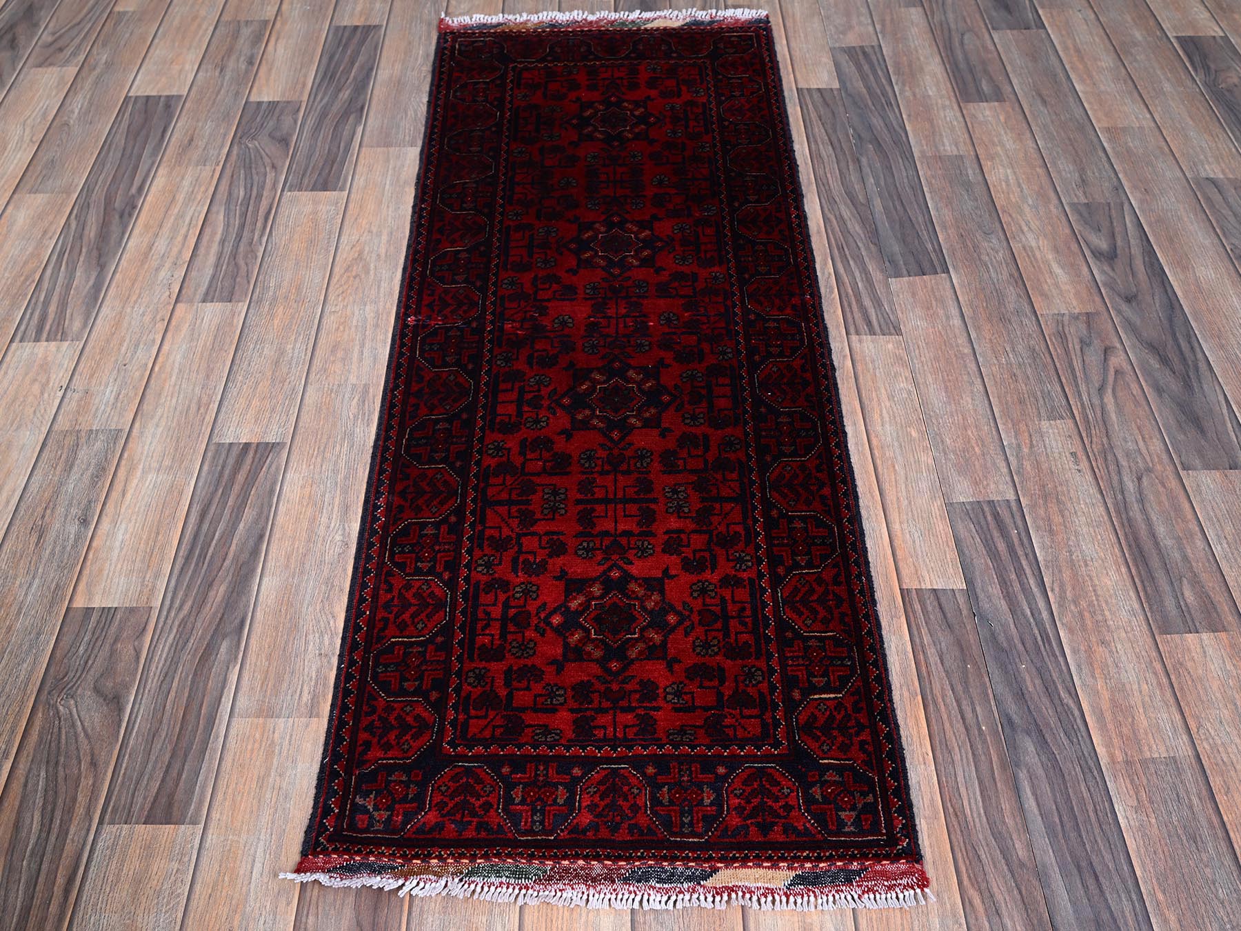 Tribal & Geometric hand-knotted wool runner in Red, 1'9" x 4'9" — SKU O0753 (view 2)