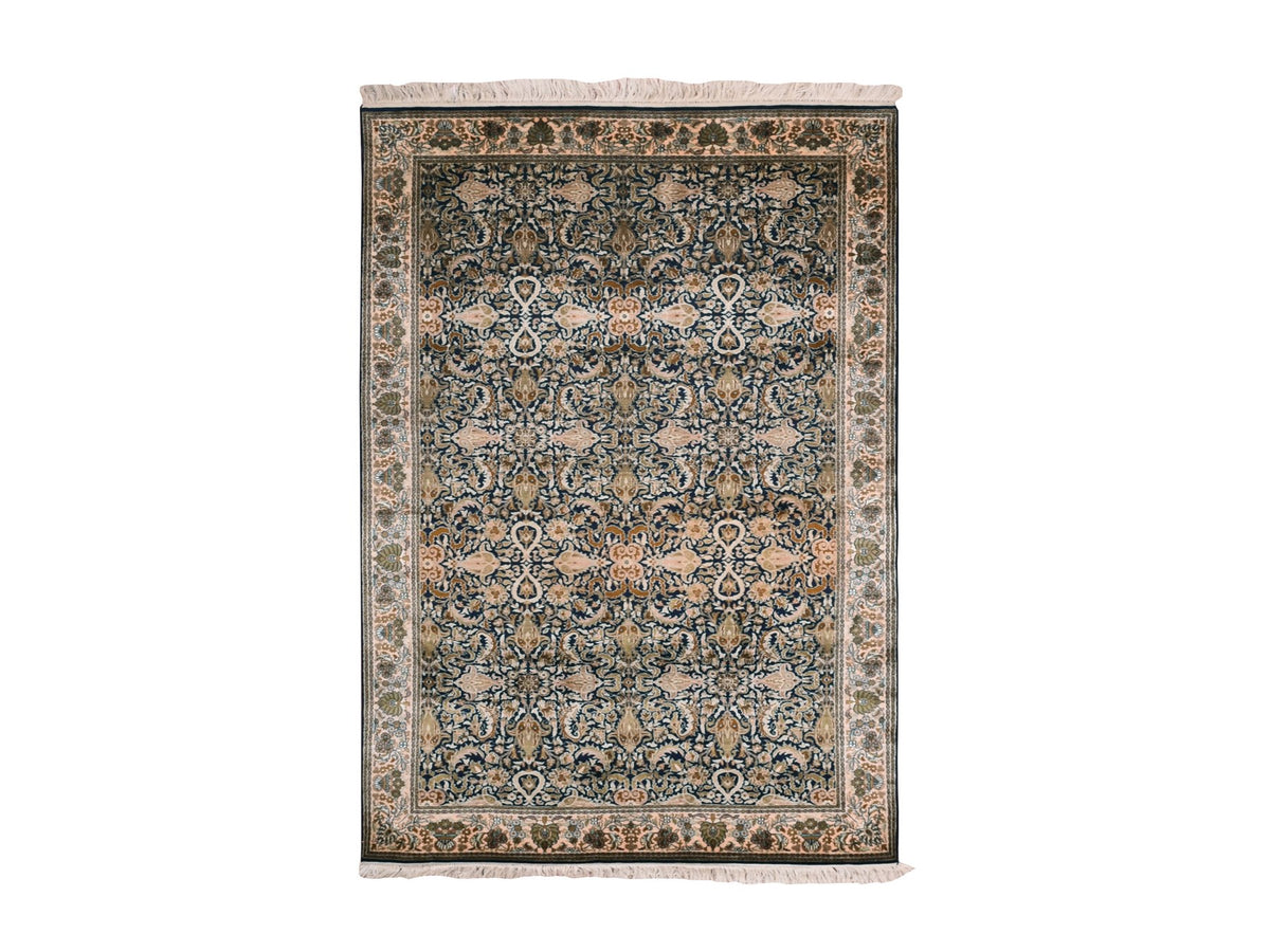 Traditional hand-knotted silk rug in Blue, 4'1" x 6'0", SKU O075436