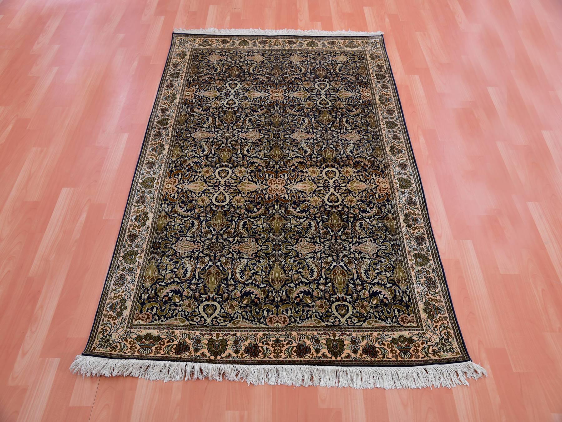 Traditional hand-knotted silk rug in Blue, 4'1" x 6'0", SKU O075436