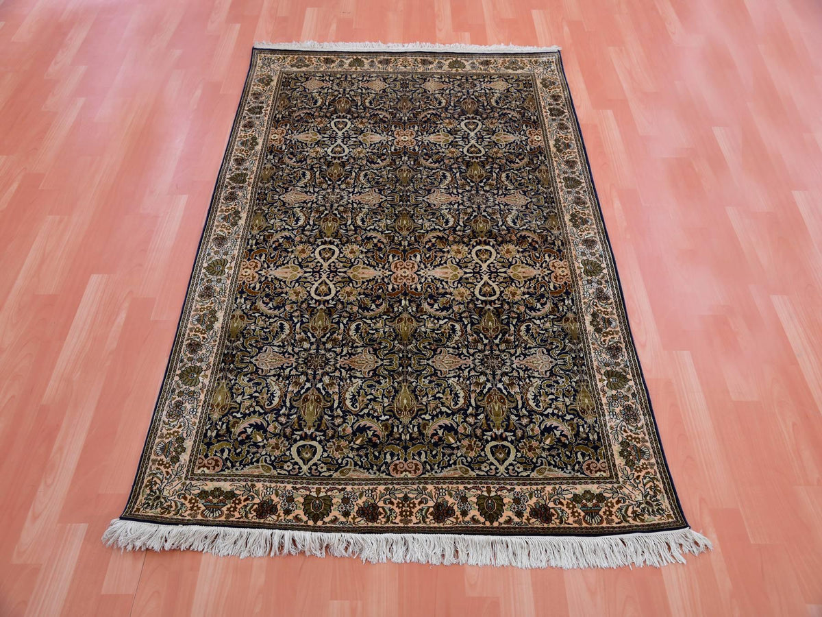Traditional hand-knotted silk rug in Blue, 4'1" x 6'0", SKU O075436