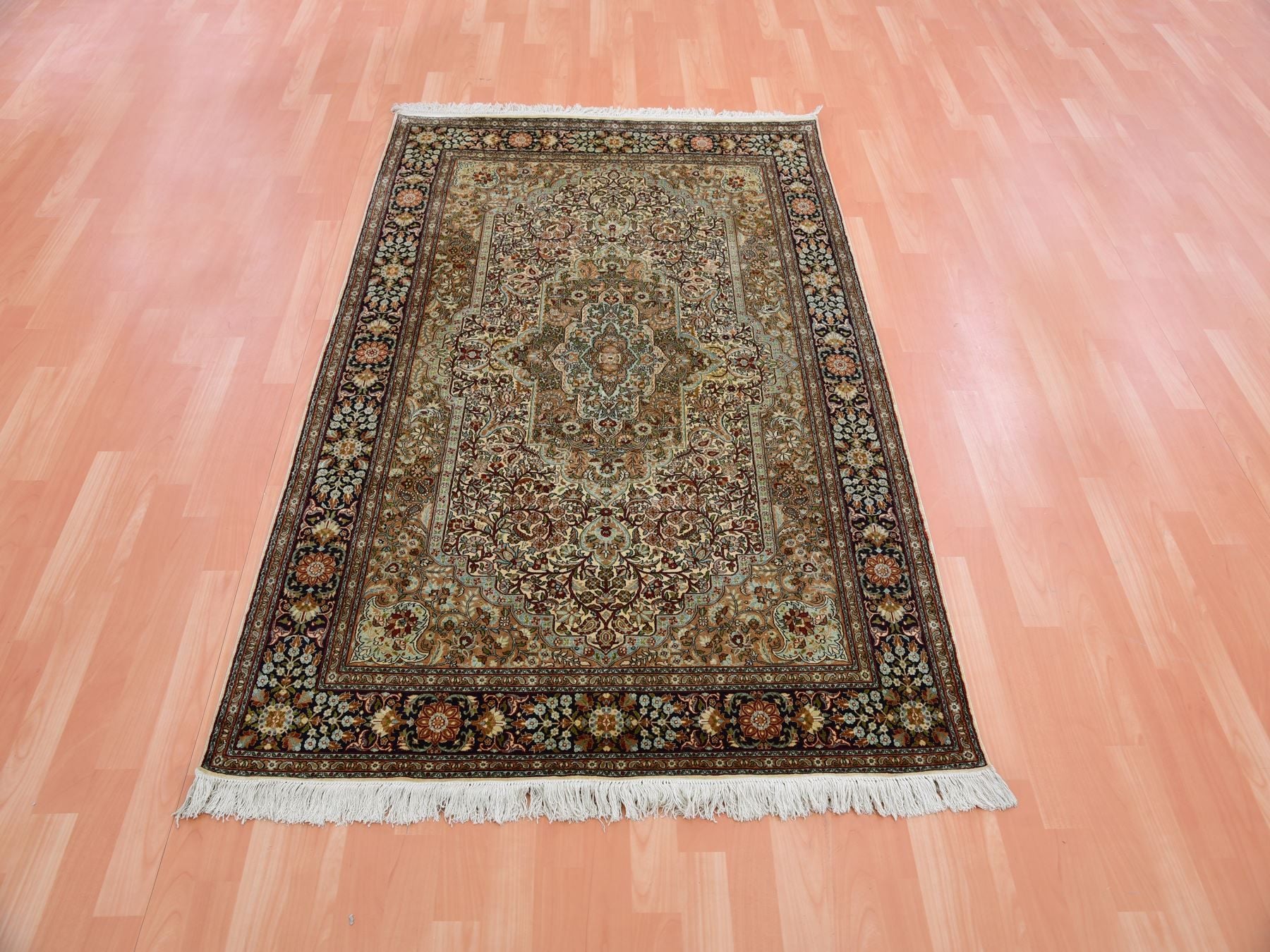 Traditional hand-knotted silk rug in Brown, 4'1" x 6'1", SKU O075437