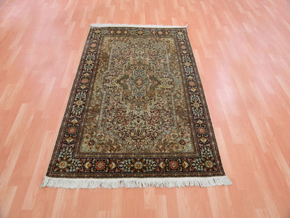 Traditional hand-knotted silk rug in Brown, 4'1" x 6'1", SKU O075437
