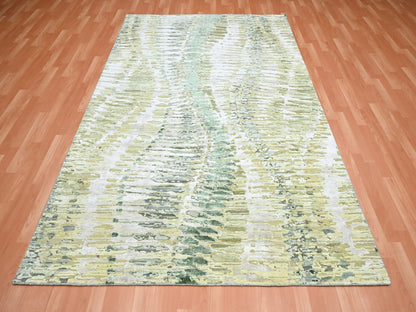 Modern / Contemporary hand-knotted silk rug in Green, 6'1" x 9'3", SKU O075476