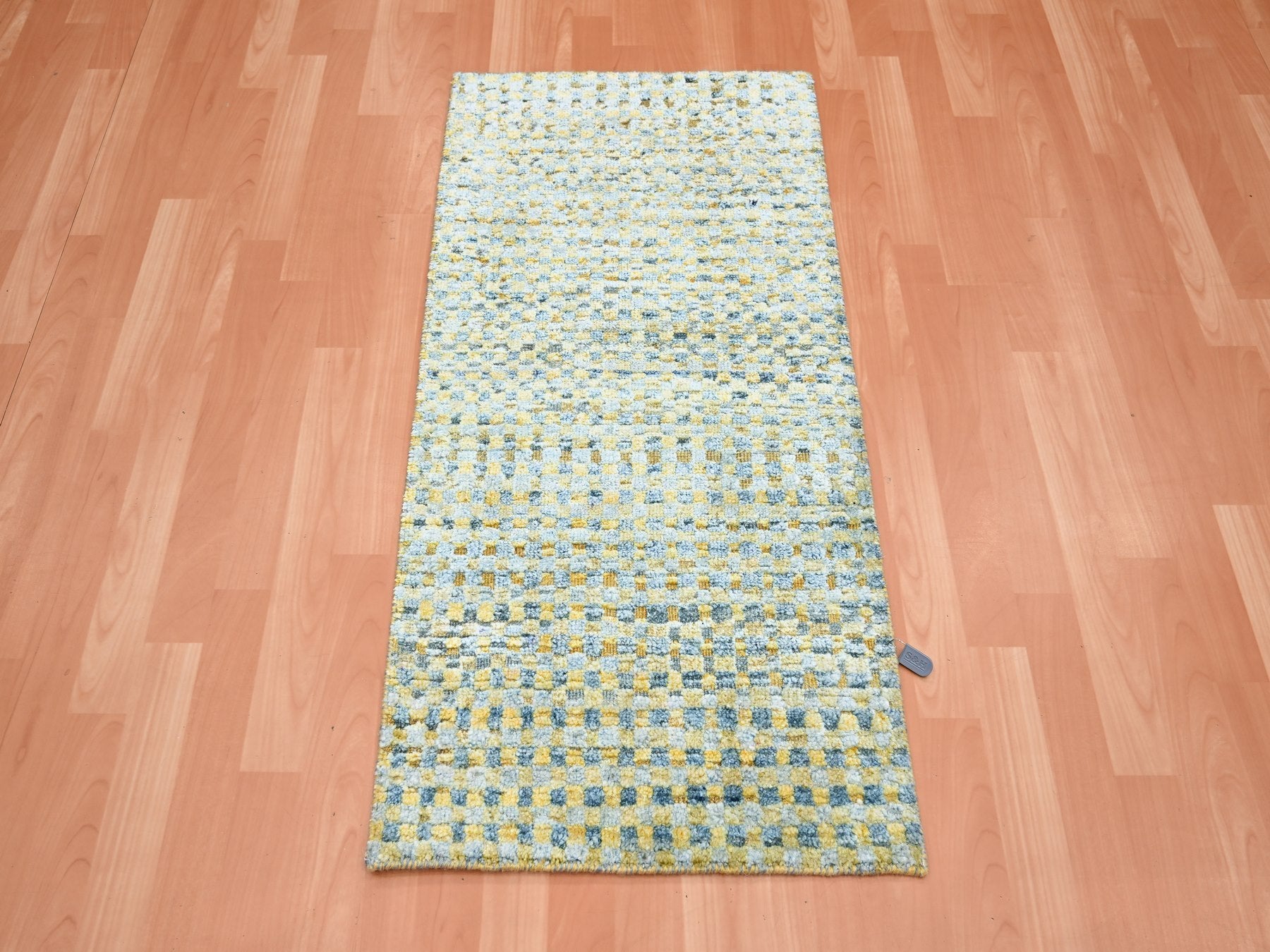 Modern / Contemporary hand-knotted wool/silk rug in Yellow, 2'0" x 4'0", SKU O075510
