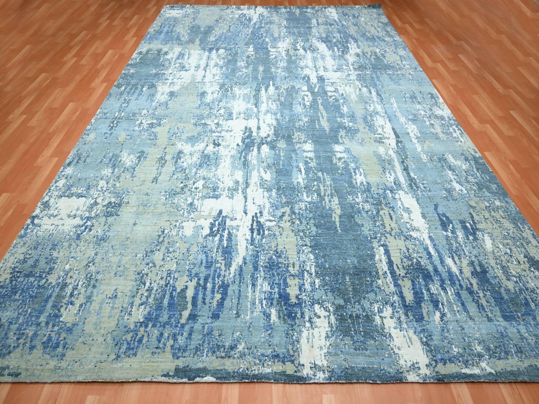 Blue 10'1" x 14'2" Modern and Contemporary Hand knotted Wool/Silk Rug - Sku: O075530