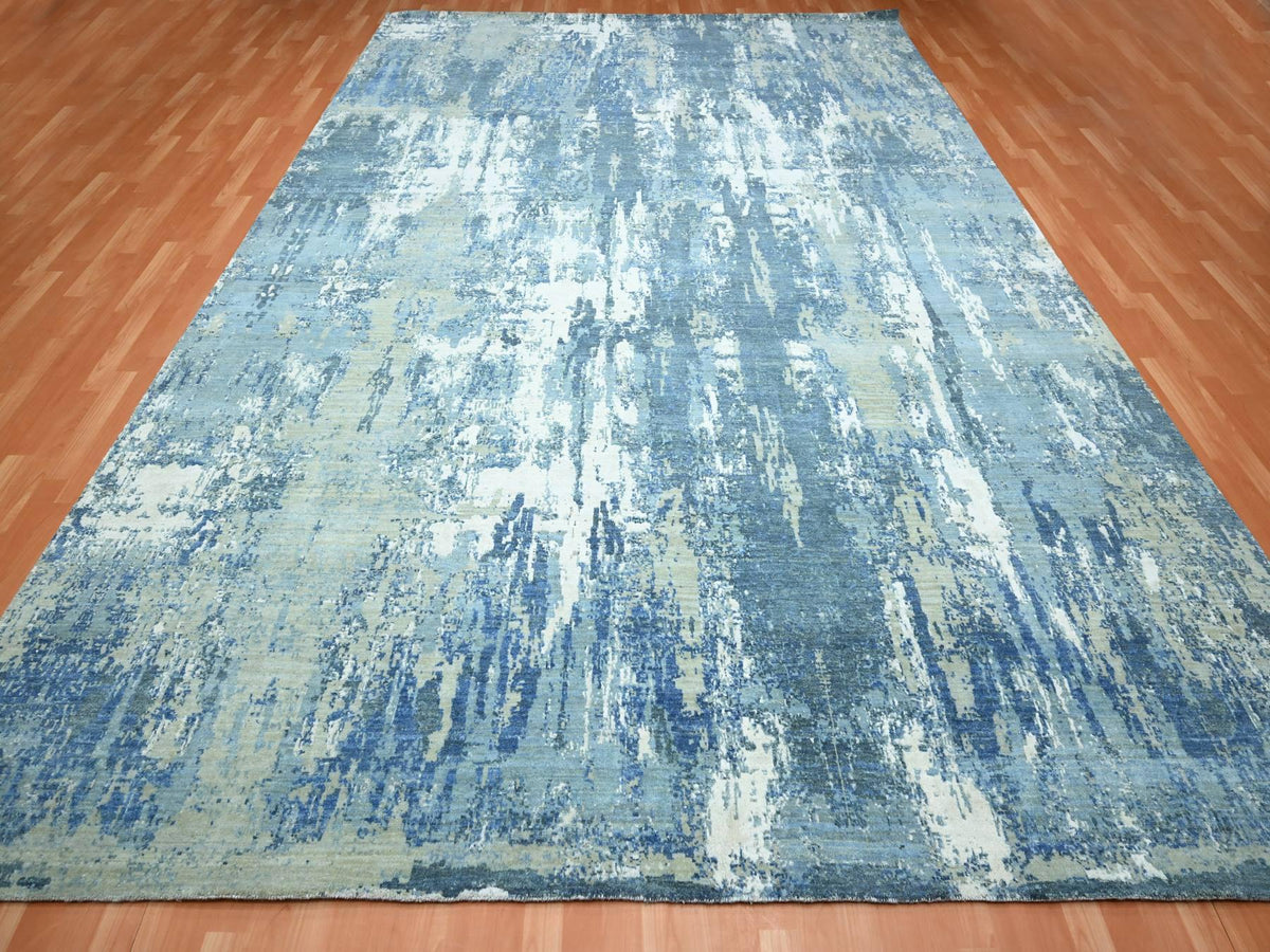 Modern / Contemporary hand-knotted wool/silk rug in Blue, 10'1" x 14'2", SKU O075530
