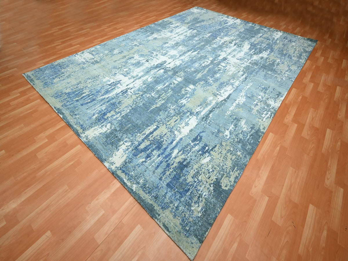 Modern / Contemporary hand-knotted wool/silk rug in Blue, 10'1" x 14'2", SKU O075530