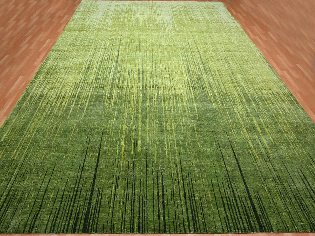 Modern / Contemporary hand-knotted wool rug in Green, 12'2" x 15'0", SKU O075541
