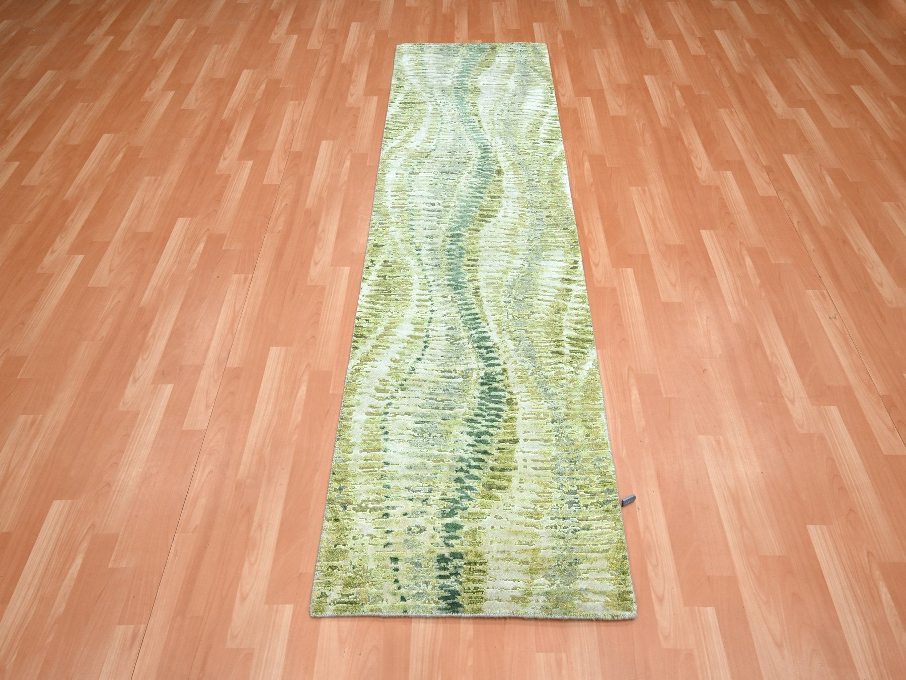 Modern / Contemporary hand-knotted silk runner in Green, 2'6" x 8'2", SKU O075547