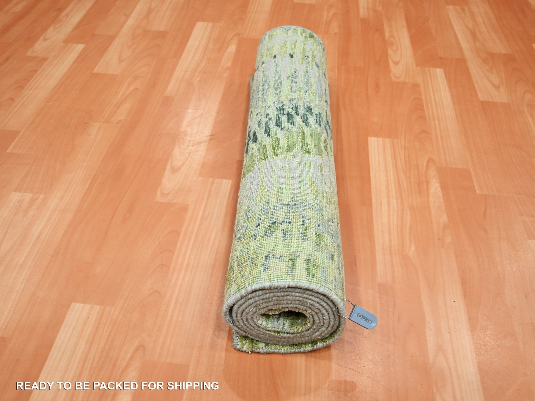 Modern / Contemporary hand-knotted silk runner in Green, 2'6" x 8'2", SKU O075547